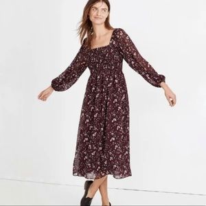 Madewell Dress XXS | Georgette Sheer-Sleeve Smocked Midi Dress in Rich Paisley